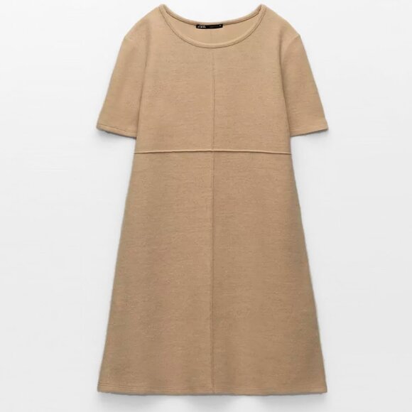 NEW ZARA Cotton Blend Knitted Mini Dress in light Camel Colour, Size M - Picture 8 of 15